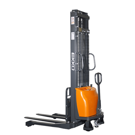 A gray and orange EKKO EA15A Semi-Electric Straddle Stacker shown from an angled front view, with its adjustable straddle legs and forks in the lowered position on a transparent background.