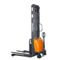 A gray and orange EKKO EA15A Semi-Electric Straddle Stacker shown from an angled front view, with its adjustable straddle legs and forks in the lowered position on a transparent background.