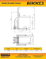 A technical diagram of the EKKO EA15B Semi-Electric Straddle Stacker, showing a side view and top-down view with detailed measurements and dimensions.