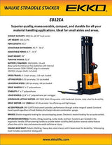 An EKKO EB12EA Walkie Straddle Stacker shown on a yellow background with a detailed product sheet listing specifications such as its 2200-watt lifting motor and 1500-watt driving motor, along with its 3-year limited warranty.
