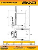 A technical diagram of the EKKO EB12E electric straddle stacker, displaying a side and top-down view with key dimensions and specifications, including its 2640 lbs load capacity.