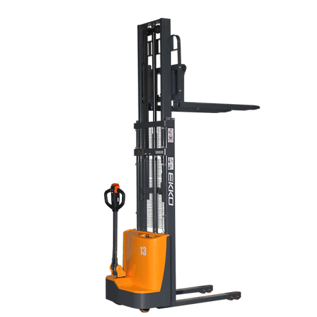 A gray and orange EKKO EB13CD Electric Fork Over Stacker from the side, showing the fixed forks and polyurethane wheels with a transparent background.