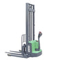A green and black EKKO EB13ES-145Li Lithium Straddle Stacker with adjustable forks and an ergonomic handle, set against a plain white background.