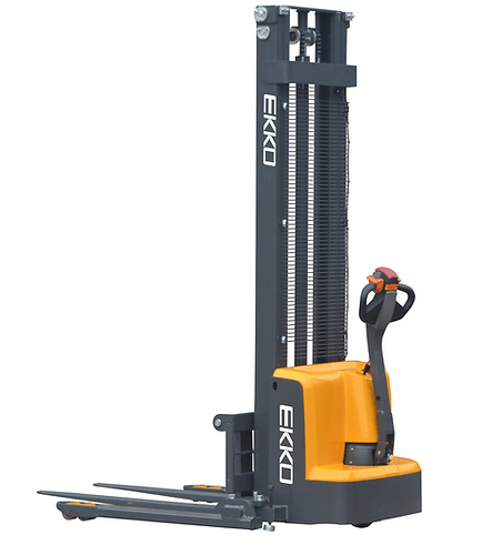 A front-facing view of the EKKO EB13E Walkie Straddle Stacker, showcasing its black and yellow design, adjustable forks, and tall mast, set against a plain background.