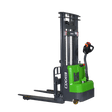 The green and gray EKKO EB14C-118Li Electric Straddle Stacker shown from the front on a transparent background, highlighting its compact design and adjustable legs.