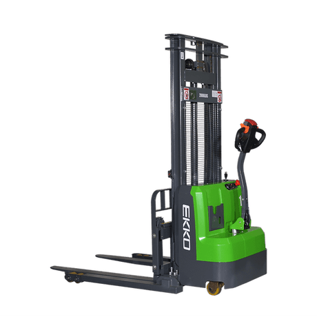 The green and gray EKKO EB14C-118Li Electric Straddle Stacker shown from the front on a transparent background, highlighting its compact design and adjustable legs.