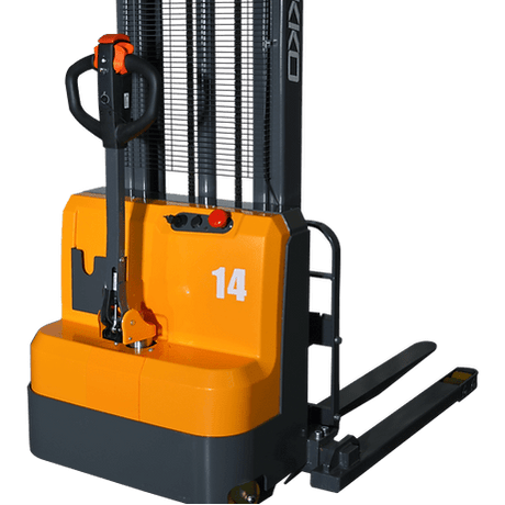 A close-up front view of the gray and orange EKKO EB14C-138 Electric Straddle Stacker's body, showing the model number "14" and the base of the mast.