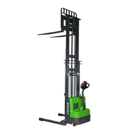 A side view of the EKKO EB14CS-138Li Electric Straddle Stacker with the mast and forks fully extended, shown on a transparent, checkerboard background.