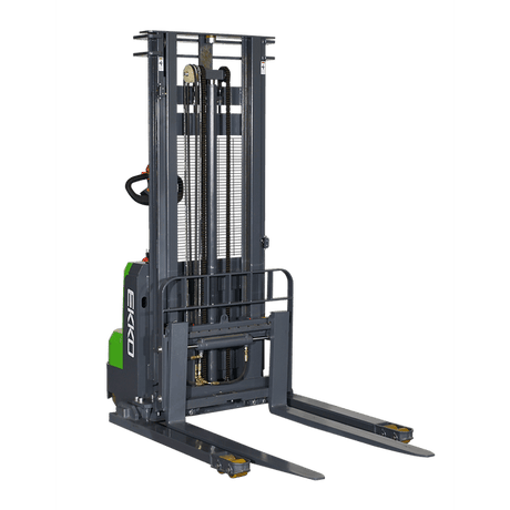 A rear view of the EKKO EB14CS-138Li Electric Straddle Stacker showing the straddle legs and polyurethane wheels on a transparent, checkerboard background.