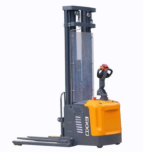 A front view of the EKKO EB16EA Electric Straddle Stacker, showcasing its black and orange design, triple mast, and ergonomic handle controls against a plain white background.