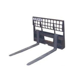 A black Haugen Skid-Steer Extreme Duty Fork with a heavy-duty brick guard and 1.75 inch x 4 inch fork tines on a white background.