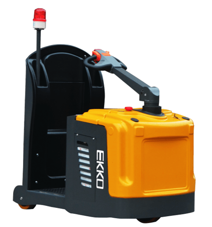 An angled front view of the yellow and black EKKO EG30 Electric Tow Tractor with its tow hitch and handle, on a transparent background.