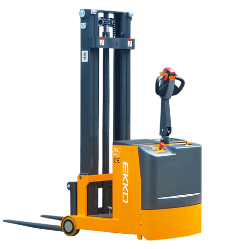 An angled side view of the EKKO EK07S Walkie Stacker on a transparent background, showcasing its orange and dark gray body.