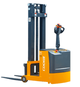 An angled side view of the EKKO EK07S Walkie Stacker on a transparent background, showcasing its orange and dark gray body.