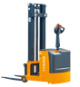 An angled side view of the EKKO EK07S Walkie Stacker on a transparent background, showcasing its orange and dark gray body.
