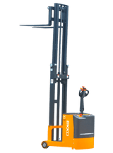 A full-length side view of the EKKO EK07S Walkie Stacker on a transparent background with its mast fully extended for high-reach applications.