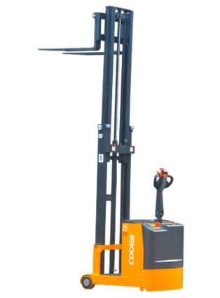 A full-length side view of the EKKO EK07S Walkie Stacker on a transparent background with its mast fully extended for high-reach applications.