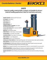 A brochure for the EKKO EK07S Walkie Stacker, highlighting its superior quality, maneuverability, and durability.