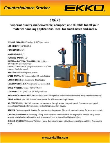 A brochure for the EKKO EK07S Walkie Stacker, highlighting its superior quality, maneuverability, and durability.