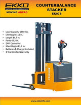 A brochure for the EKKO EK07S Walkie Stacker, detailing features like a 1,550 lbs capacity, 118-inch lifting height, and a 3-year limited warranty.