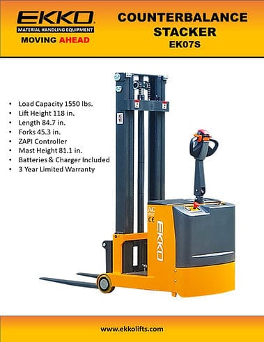 A brochure for the EKKO EK07S Walkie Stacker, detailing features like a 1,550 lbs capacity, 118-inch lifting height, and a 3-year limited warranty.