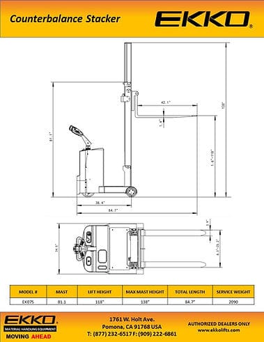 A brochure for the EKKO EK07S Walkie Stacker, showing a technical blueprint with top and side views to detail its dimensions.