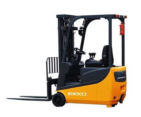 A orange and black EKKO EK13A 3-wheel electric forklift with a lowered mast, showing its compact design and side-shifting forks against a white background.
