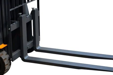 A close-up of the metal forks on the EKKO EK13A electric forklift, showcasing their adjustable width, ranging from 8.7 inches to 29 inches.