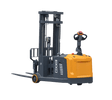 Angled side view of the EKKO EK13S-177 Walkie Stacker with Side-Shifting, showcasing its dark gray and orange body on a transparent background.
