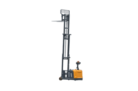 A full-length side view of the EKKO EK13S-177 Walkie Stacker with Side-Shifting on a transparent background, showcasing its fully extended mast and forks for high-level lifting.
