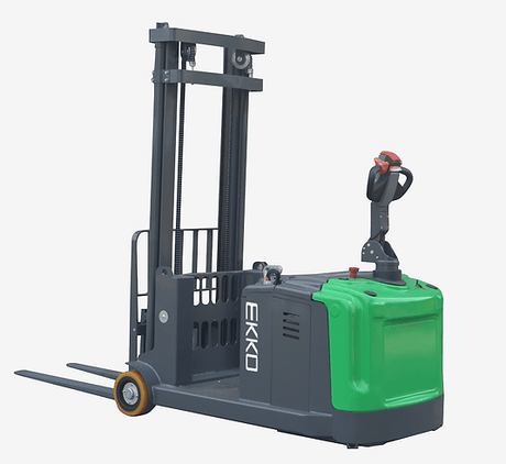 An angled side view of the EKKO EK14-130LI Lithium Walkie Stacker, showing its dark gray and green body on a transparent background.