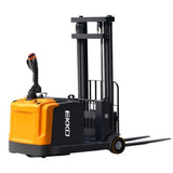 A side view of the EKKO EK14-138 Counterbalanced Walkie Stacker on a white background, showing its dark gray and orange body, forks, and ergonomic handle.