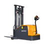 An orange and gray EKKO EK14C-130 Counterbalanced Walkie Stacker with a 3000 lbs load capacity on a transparent, checkerboard background.