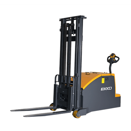 A side view of the orange and gray EKKO EK14C-130 Counterbalanced Walkie Stacker, highlighting the 130-inch lift height on a transparent, checkerboard background.