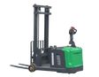 An angled side view of the EKKO EK14S-130LI Lithium Walkie Stacker with Side-Shifting, showcasing its dark gray and green body on a transparent background.
