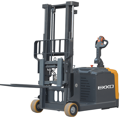 Angled side view of the EKKO EK14S-130 Counterbalanced Walkie Stacker with Side-Shifting, showing its dark gray and orange body on a white background.