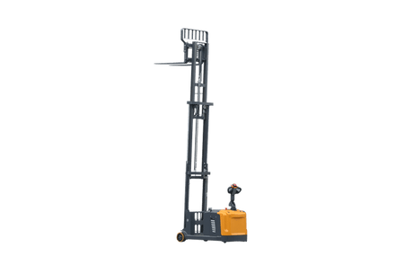 A full-length side view of the EKKO EK14S-130 Walkie Stacker with Side-Shifting on a transparent background, showcasing its fully extended mast.
