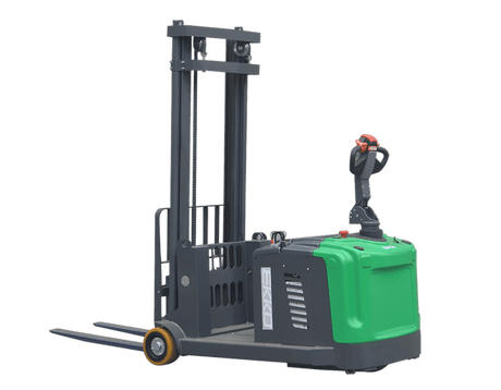 An angled side view of the EKKO EK14S-189LI Lithium Walkie Stacker with Side-Shifting, showcasing its dark gray and green body on a transparent background.