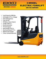 A detailed product information sheet for the EKKO EK15A electric forklift, showing its superior maneuverability, durability, and a 3-year limited warranty.