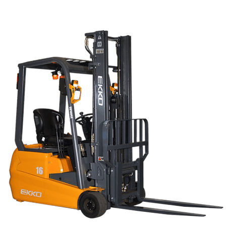 A side view of the yellow and black EKKO EK16A-138 3-Wheel Electric Forklift, showing the forklift's body and mast on a transparent, checkerboard background.