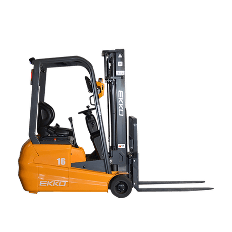 A side view of the yellow and black EKKO EK16A-138 3-Wheel Electric Forklift on a transparent, checkerboard background.