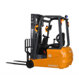 A front view of the yellow and black EKKO EK16A-177-Wheel Electric Forklift on a transparent, checkerboard background.