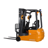 A front view of the yellow and black EKKO EK16A-177-Wheel Electric Forklift on a transparent, checkerboard background.
