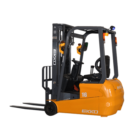 A front view of the yellow and black EKKO EK16A-177-Wheel Electric Forklift on a transparent, checkerboard background.