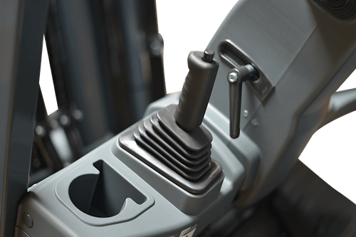 A close-up view of the joystick control on the EKKO EK18GS forklift's control panel, showing the rubber boot and a small cup holder to its side.
