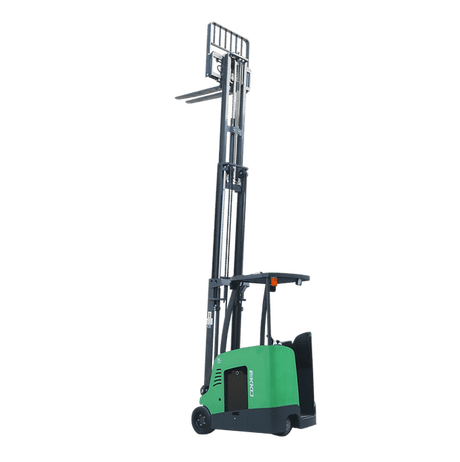 EKKO EK18RF-Li forklift with a green chassis and extended mast, shown from a side perspective against a transparent background.