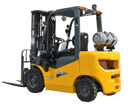 A yellow and grey EKKO EK25-212LP Liquid Propane Forklift, shown against a transparent background, highlighting its design and propane tank.