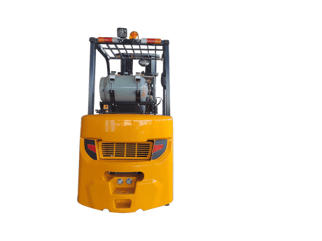 The rear view of the yellow and grey EKKO EK25CLP Liquid Propane Forklift, showing the placement of the propane tank and overhead guard.