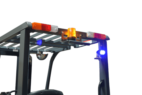 A close-up of the mast and safety lights on the EKKO EK25G-LI forklift, showing the amber and blue warning lights.