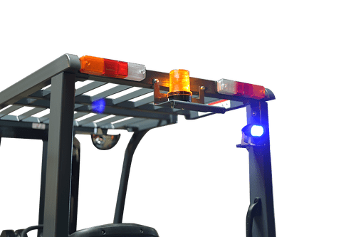 A detailed view of the top of the EKKO EK25GHB forklift, highlighting the overhead guard and a flashing blue safety light and orange strobe light.